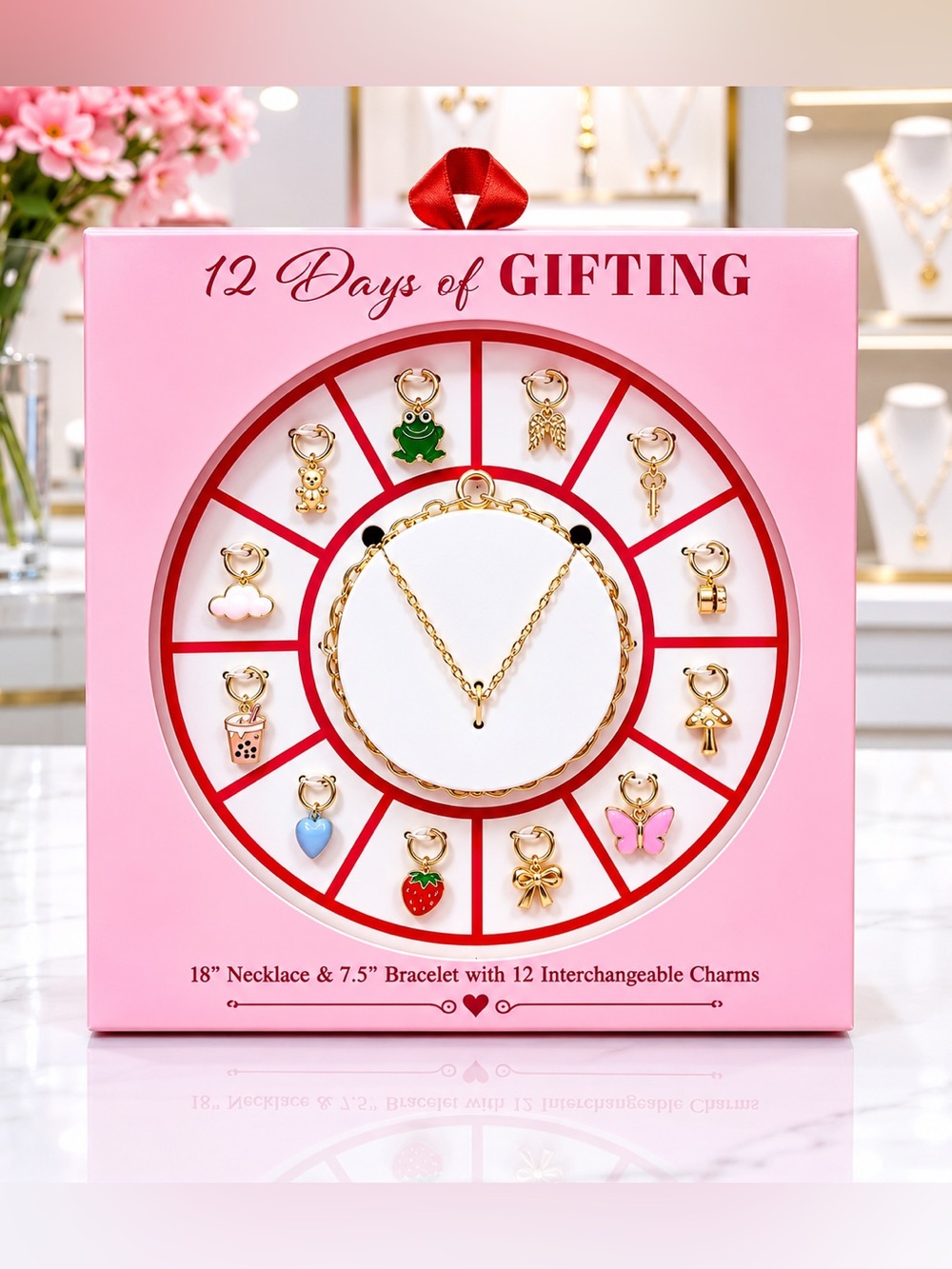 12 Days of Gifting Necklace & Bracelet Set with Charms-NEW